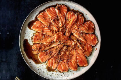 Ōra King Salmon Sashimi with Yuzu and Fresh Turmeric by Chef Jason Roberts