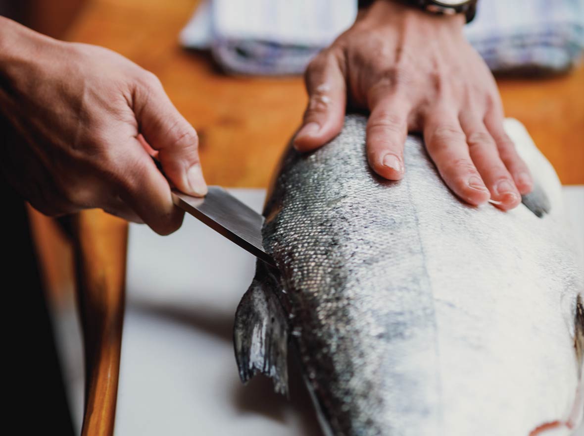 hands filleting salmon with knife